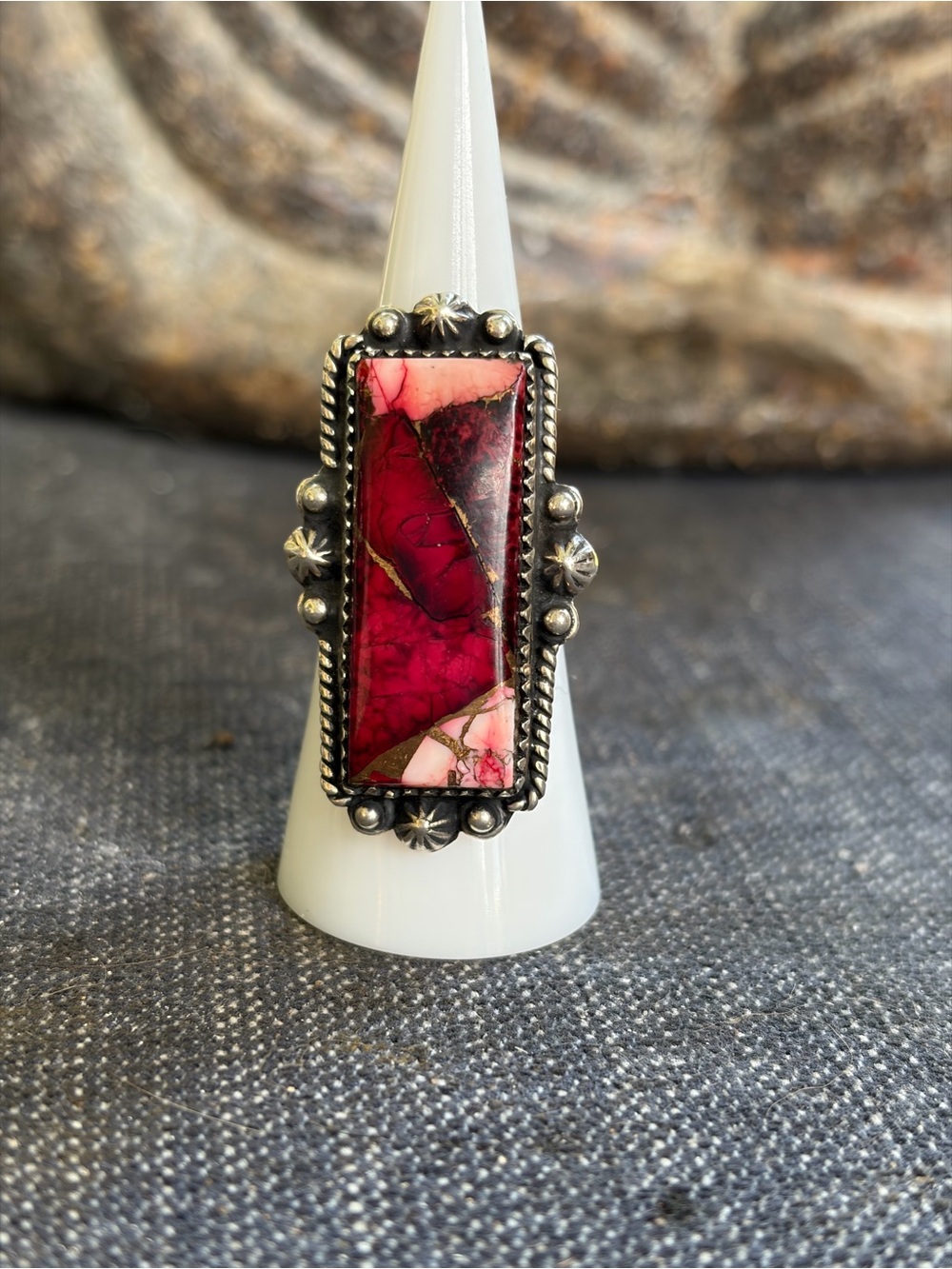 Hand Crafted Red and Pink Magnesite Rectangle Statement Ring